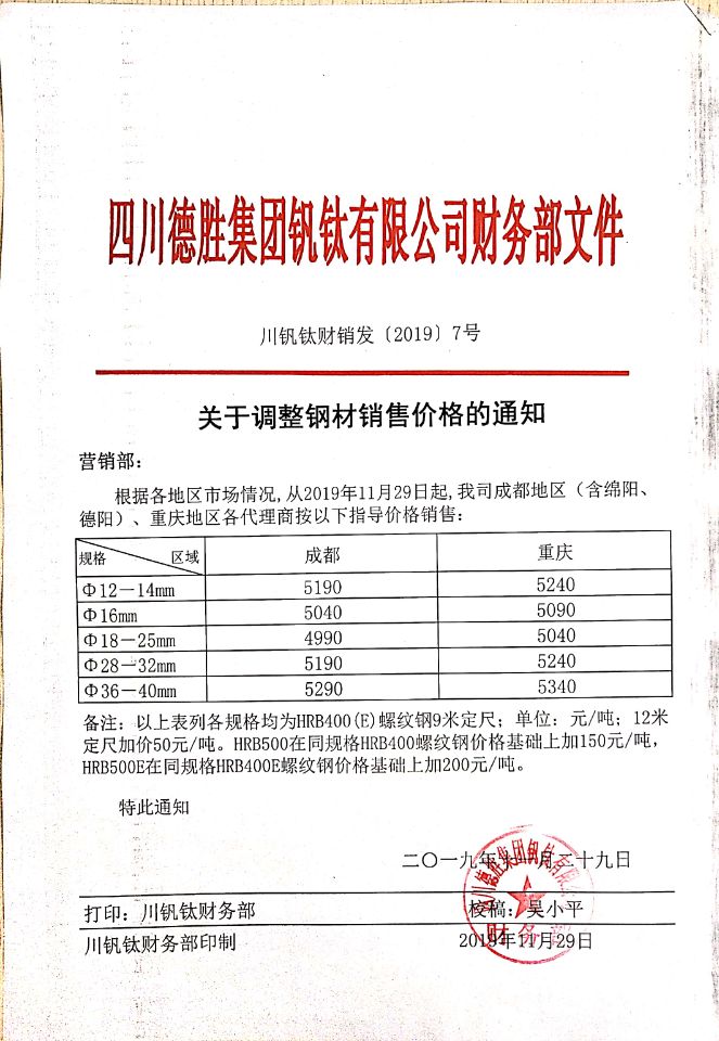 千亿平台登录入口11月29日钢材销售指导价