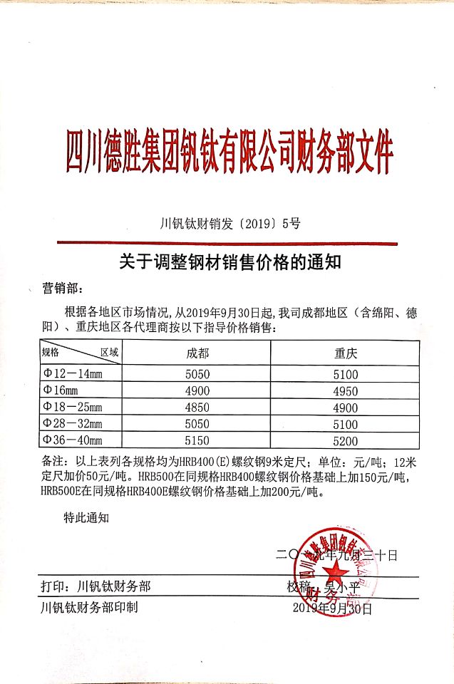 千亿平台登录入口9月30日钢材销售指导价