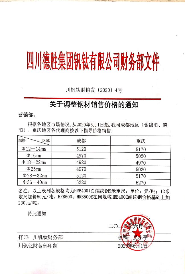 千亿平台登录入口6月1日钢材销售指导价